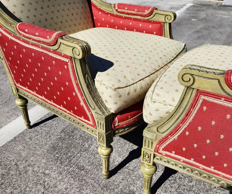 Vintage French Louis XV Bergere Armchairs Pair