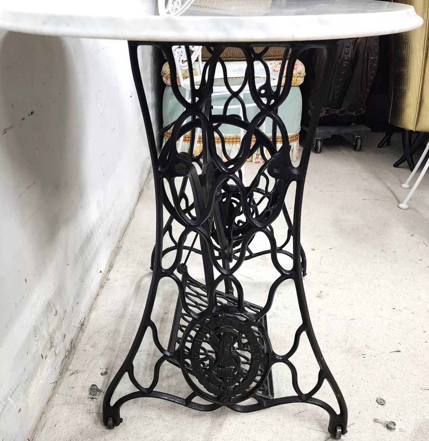 Antique Singer Iron Table Carrara Marble Top