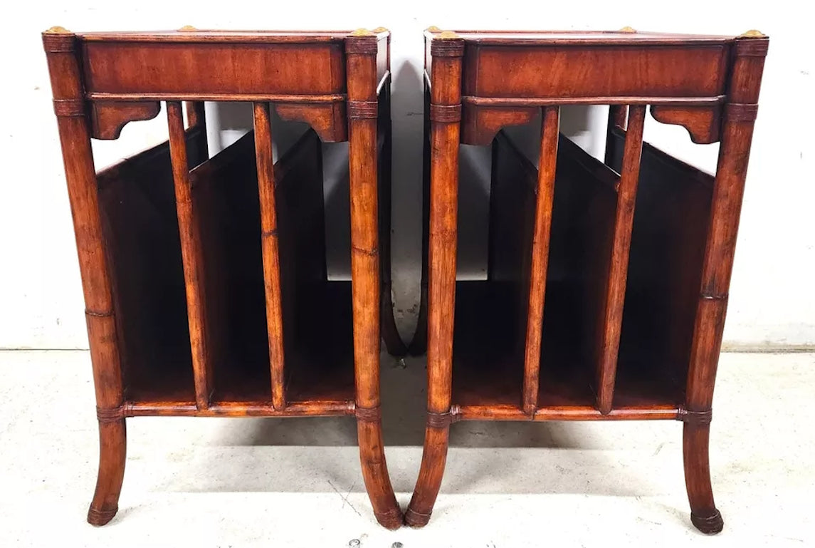 Mahogany Bamboo Rattan End Magazine Tables Pair