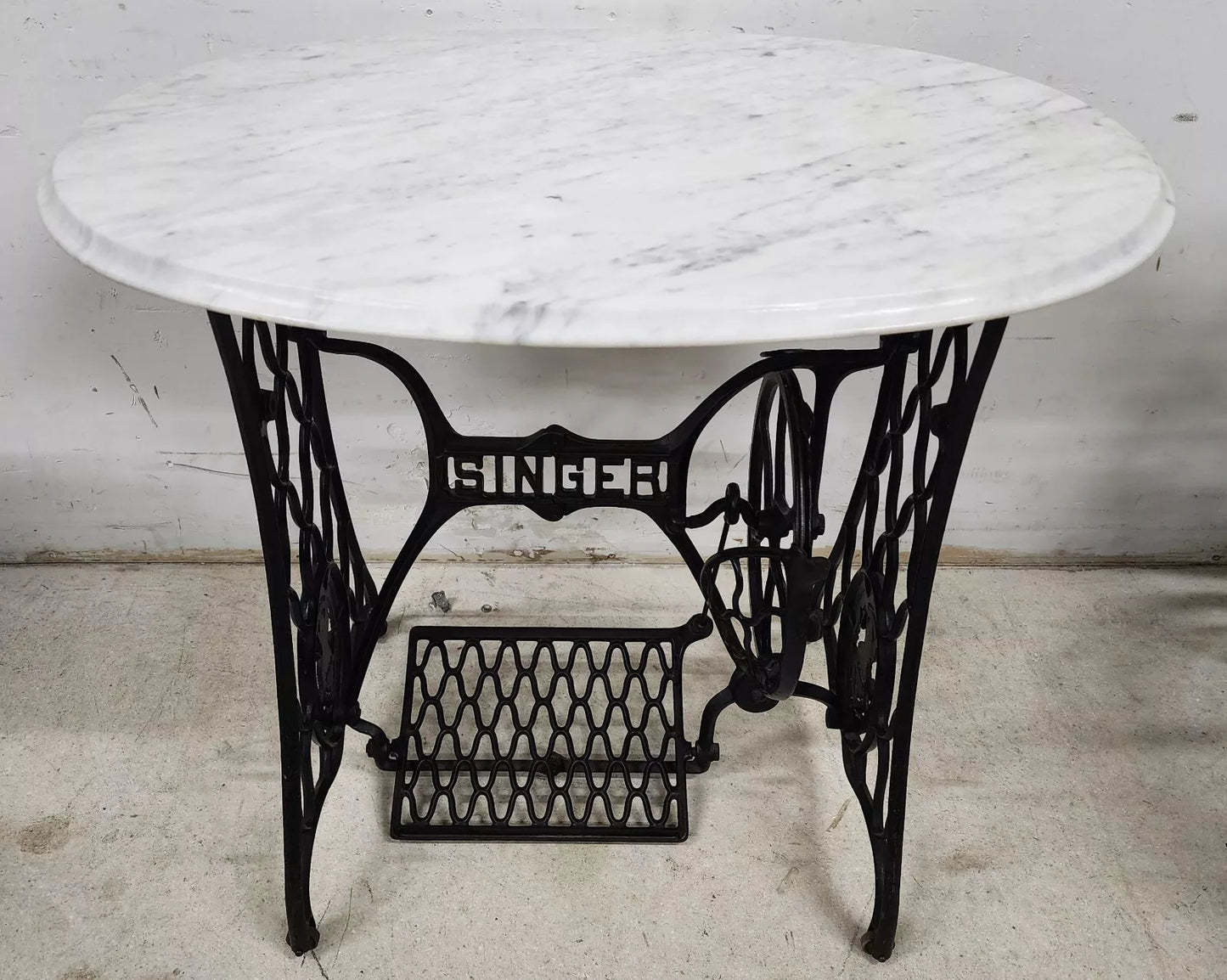 Antique Singer Iron Table Carrara Marble Top