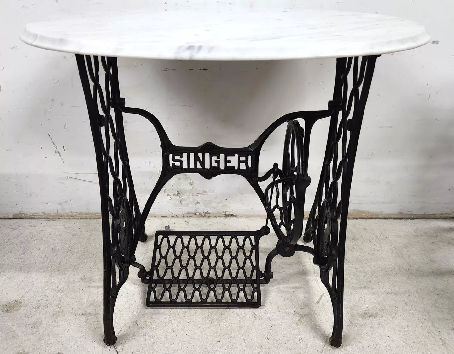 Antique Singer Iron Table Carrara Marble Top