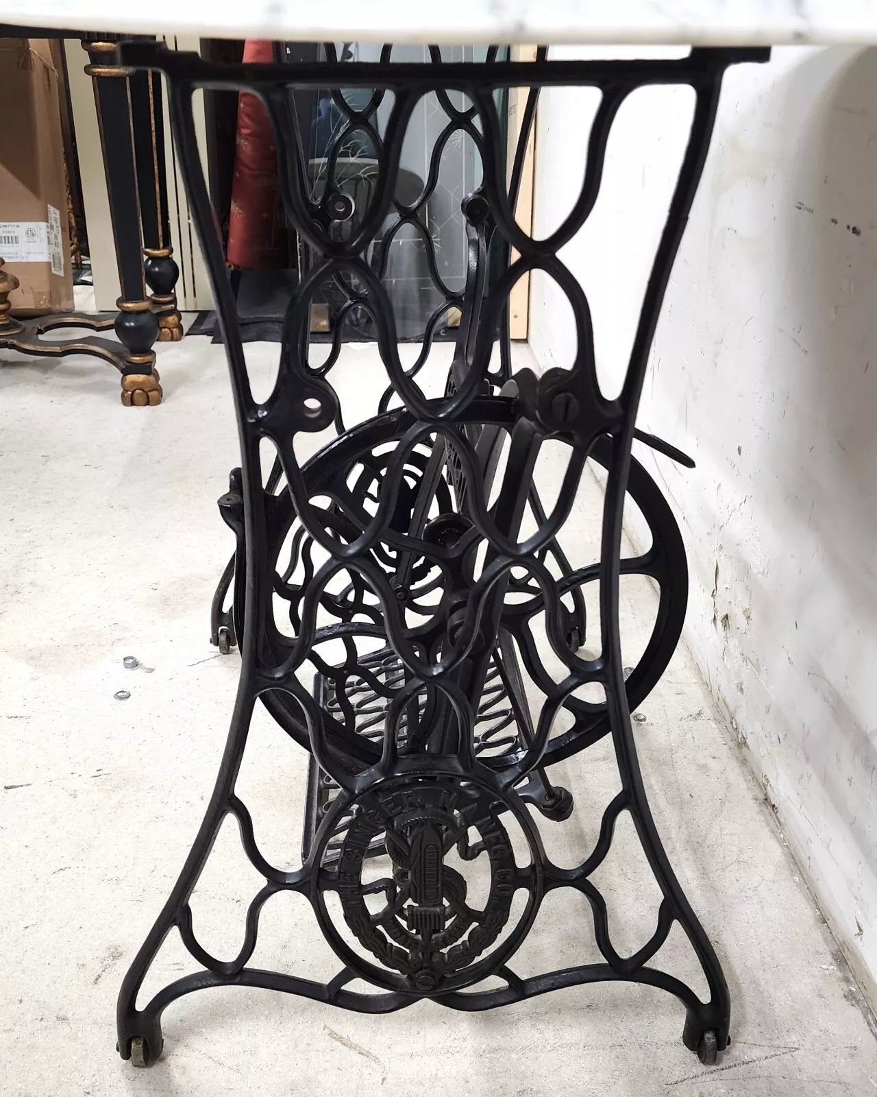 Antique Singer Iron Table Carrara Marble Top