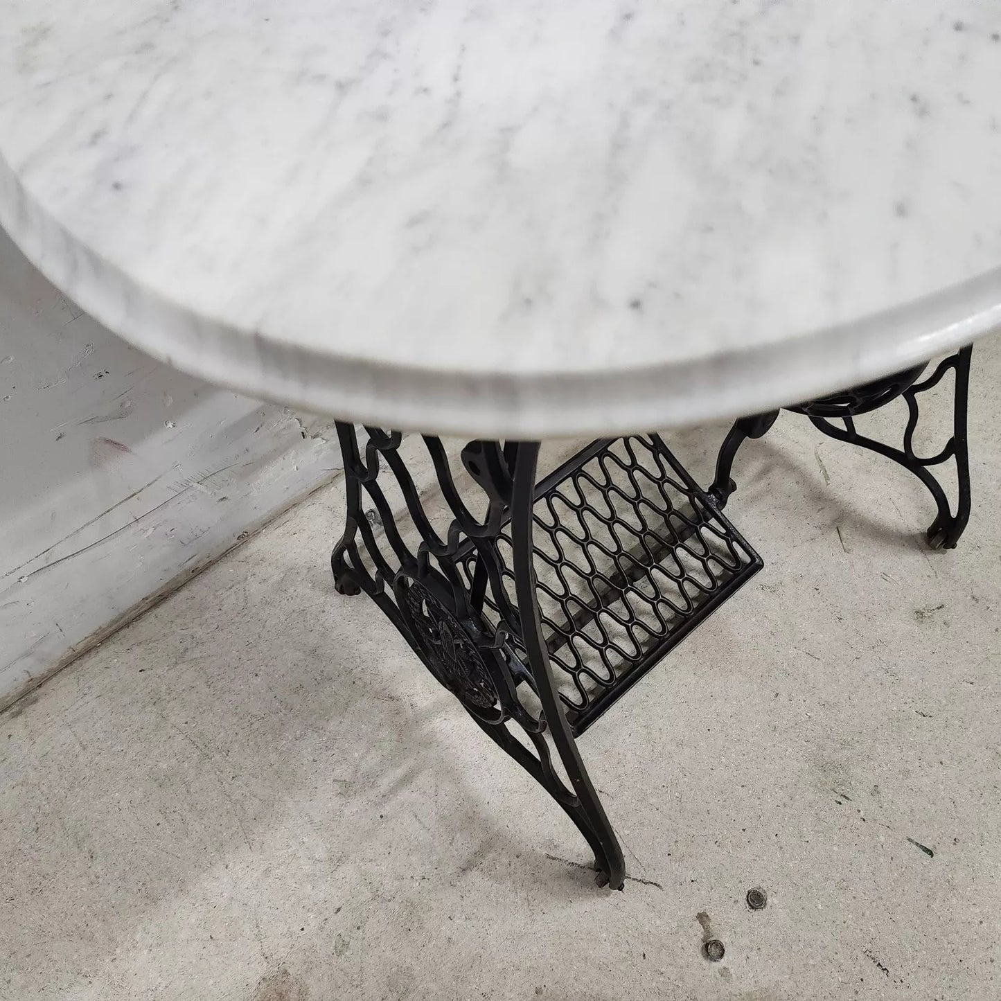Antique Singer Iron Table Carrara Marble Top