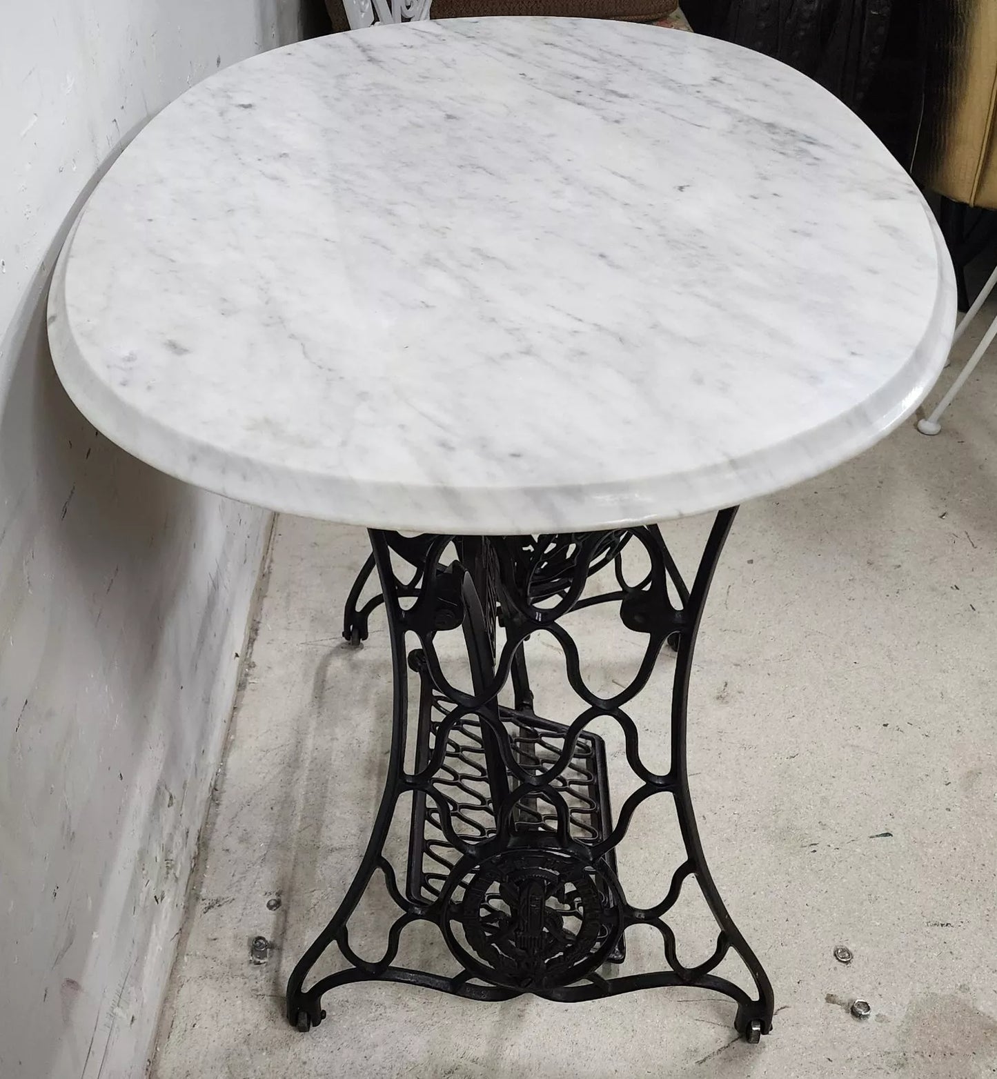 Antique Singer Iron Table Carrara Marble Top