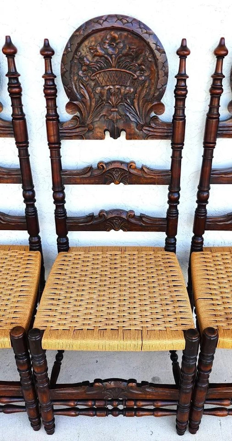 Antique Spanish Colonial Dining Chairs Rope Seats 1800s Set of 6