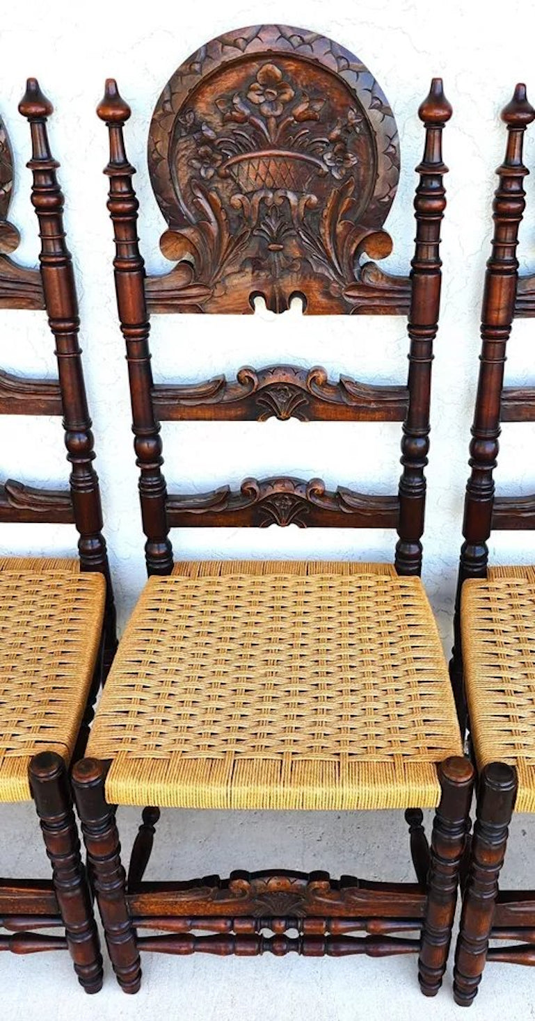 Antique Spanish Colonial Dining Chairs Rope Seats 1800s Set of 6
