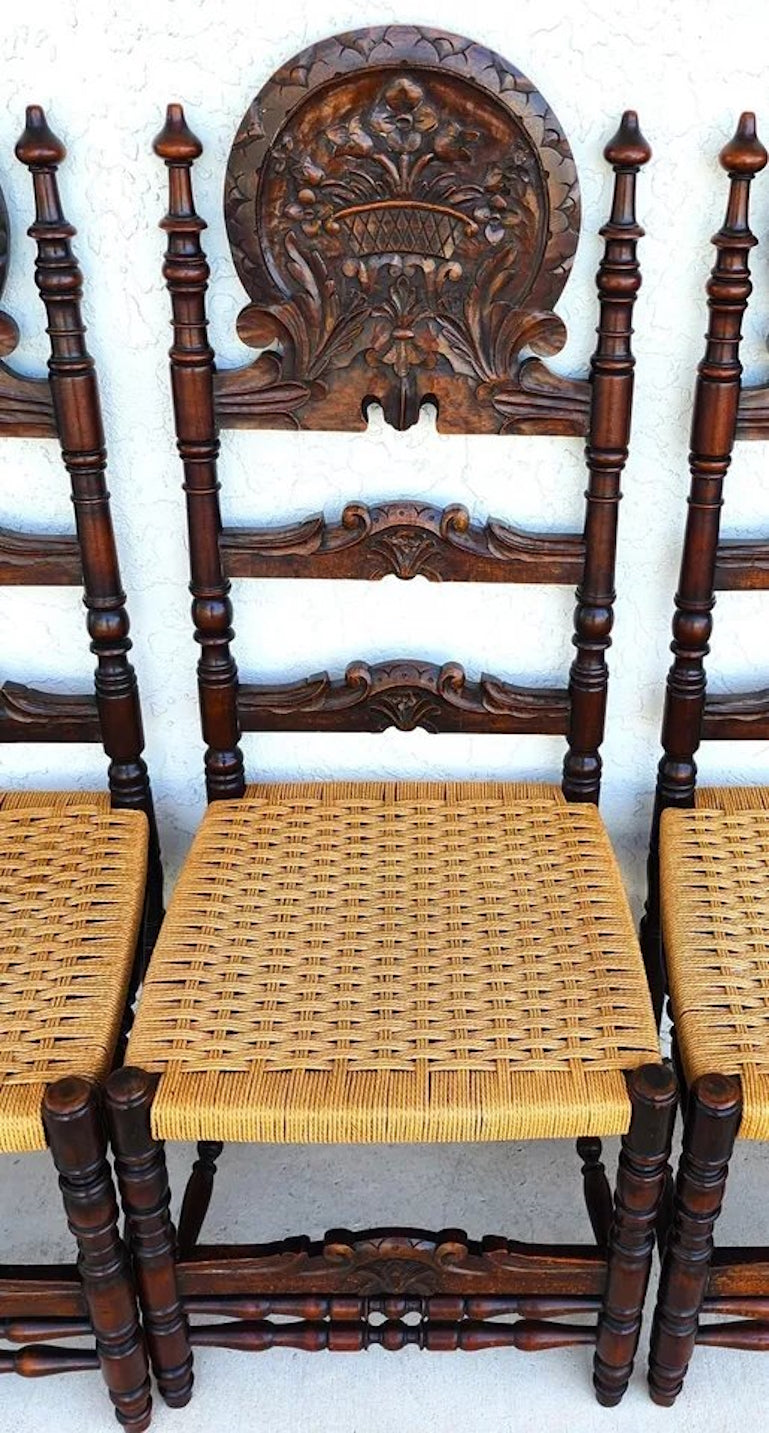 Antique Spanish Colonial Dining Chairs Rope Seats 1800s Set of 6