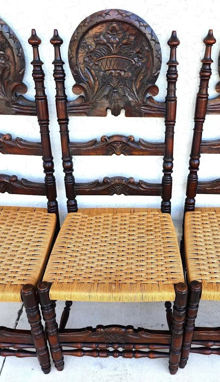 Antique Spanish Colonial Dining Chairs Rope Seats 1800s Set of 6