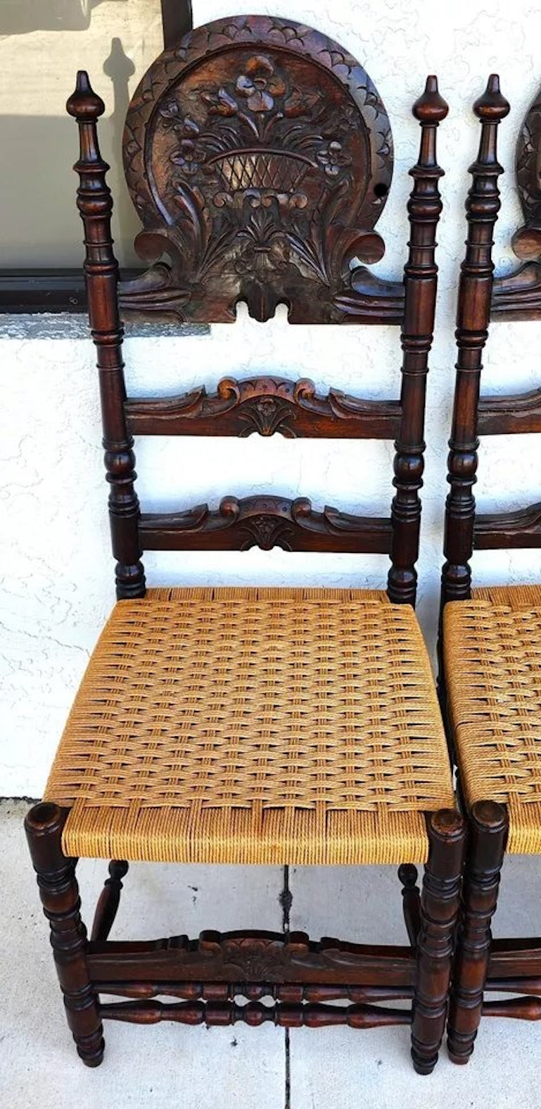 Antique Spanish Colonial Dining Chairs Rope Seats 1800s Set of 6