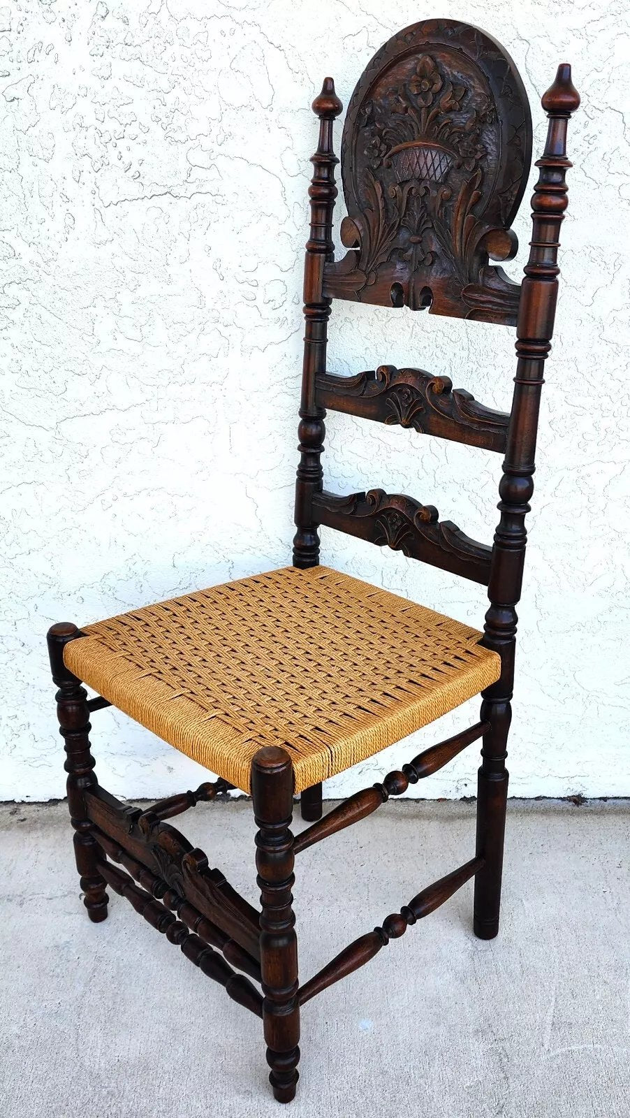 Antique Spanish Colonial Dining Chairs Rope Seats 1800s Set of 6