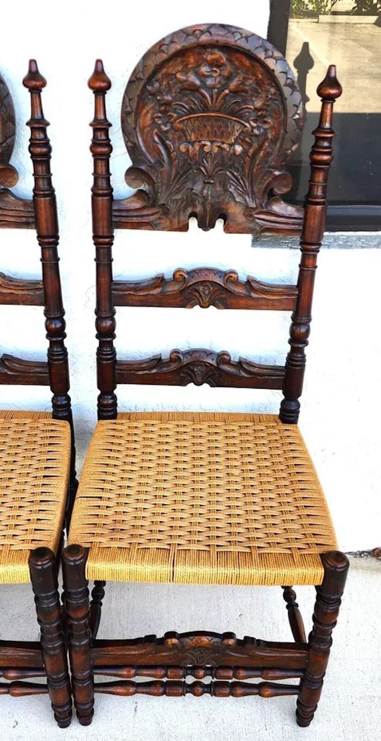 Antique Spanish Colonial Dining Chairs Rope Seats 1800s Set of 6