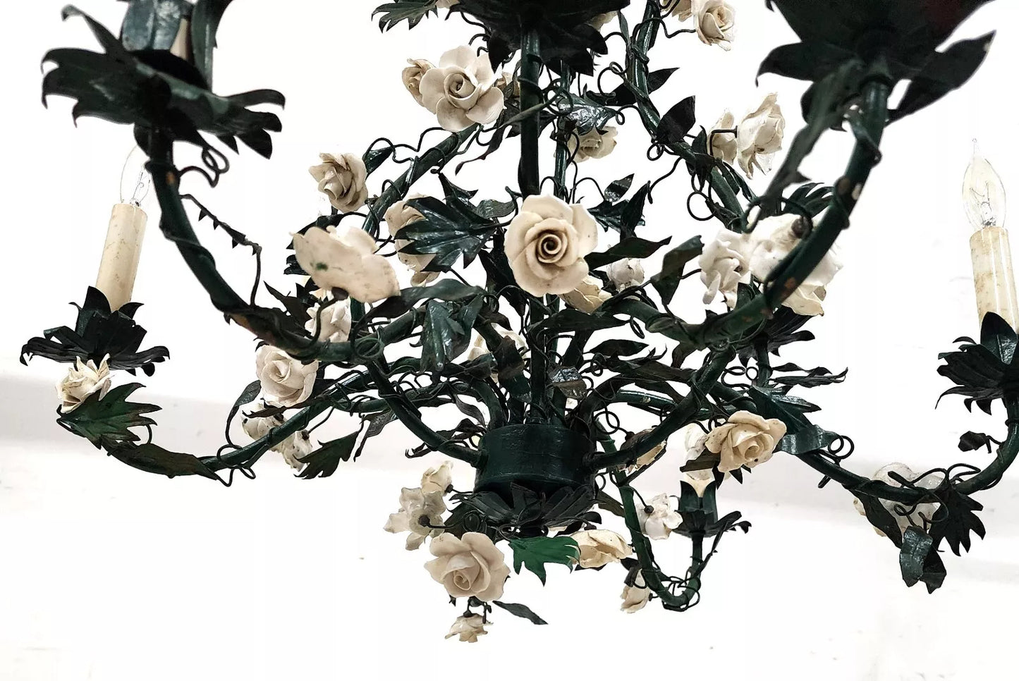 Antique French Floral Porcelaine de Saxe Tole Chandelier