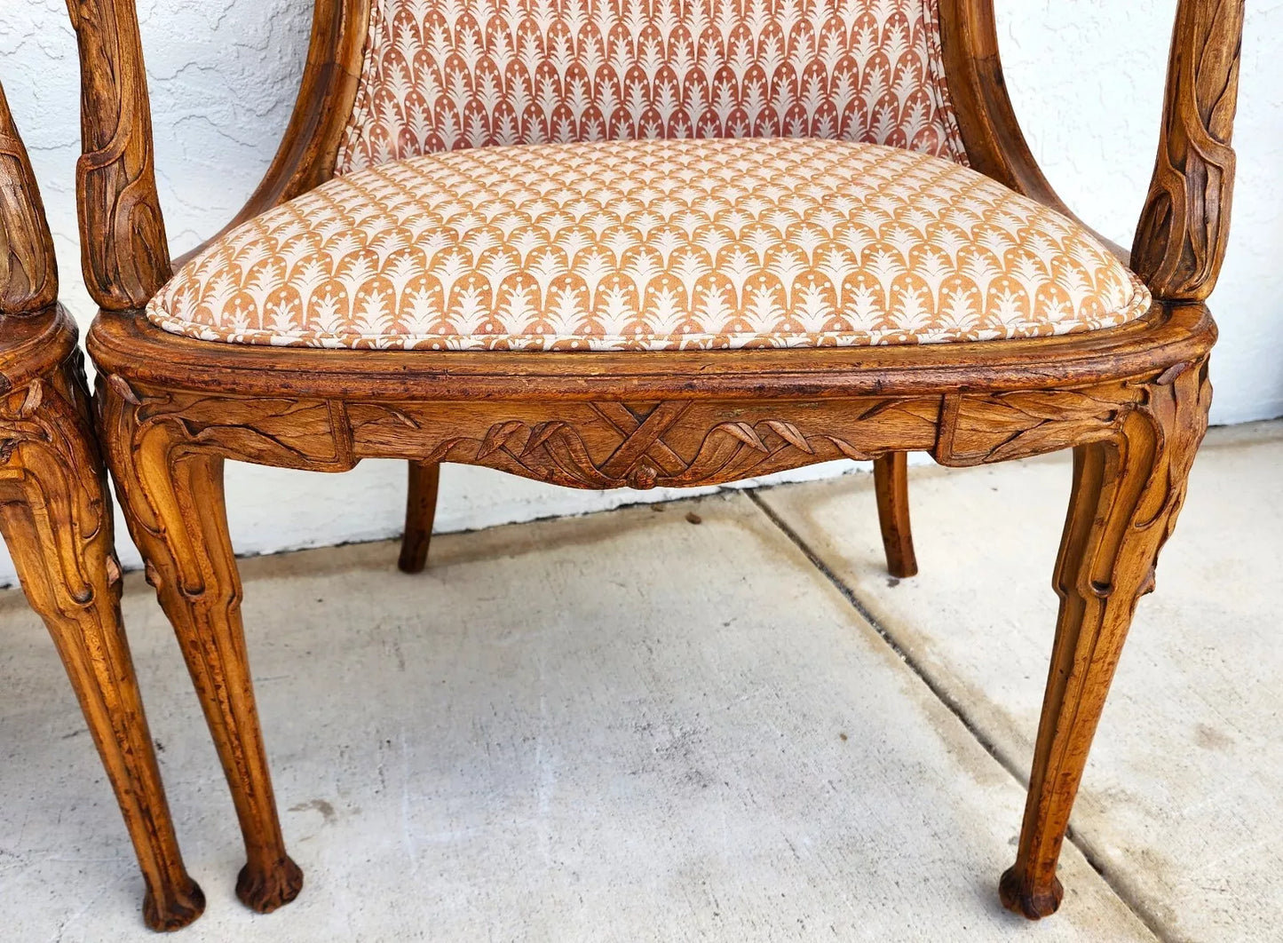 Antique Hand Carved Armchairs Solid Wood Cattails Shells Pair