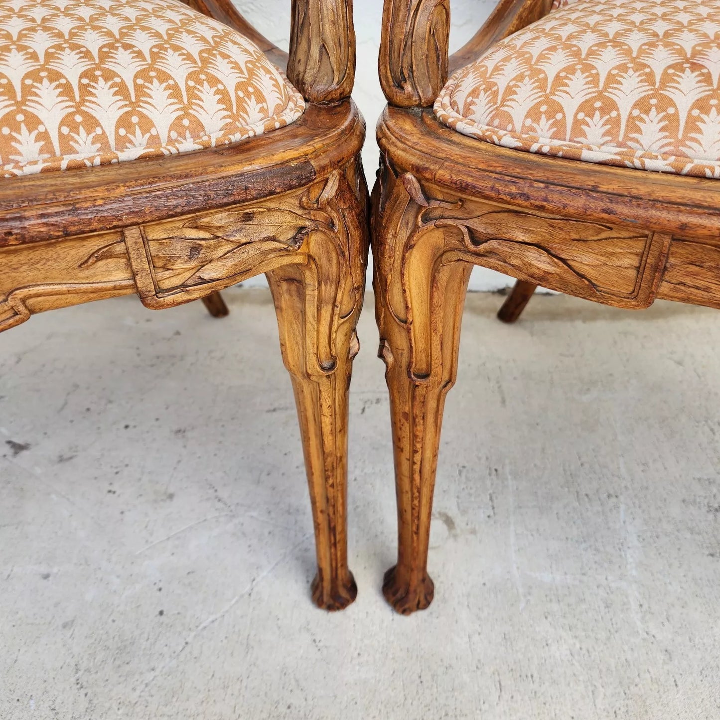Antique Hand Carved Armchairs Solid Wood Cattails Shells Pair