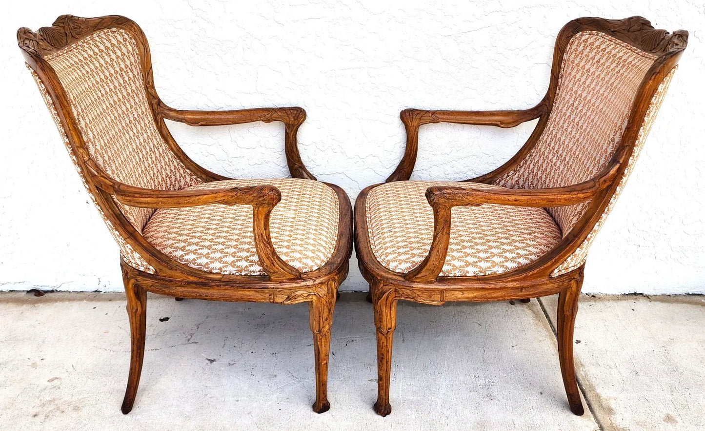 Antique Hand Carved Armchairs Solid Wood Cattails Shells Pair