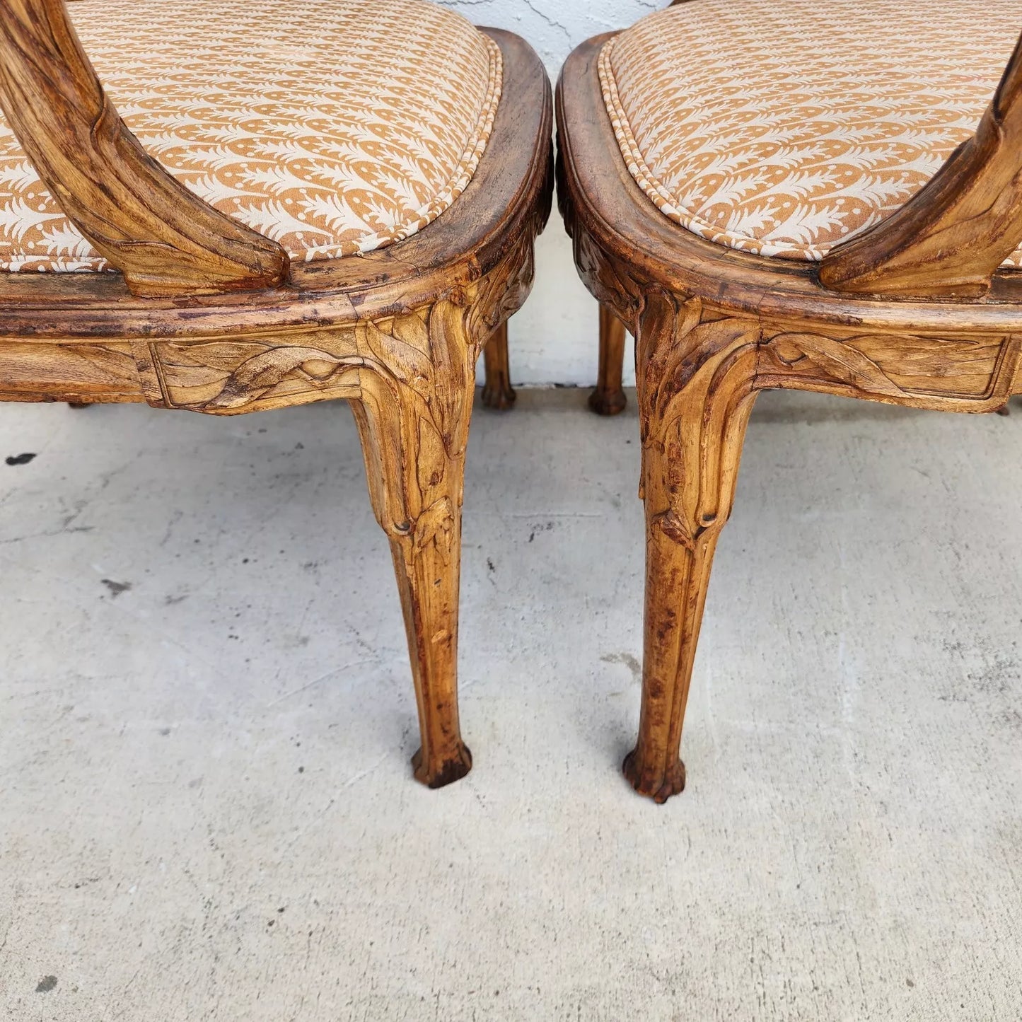 Antique Hand Carved Armchairs Solid Wood Cattails Shells Pair