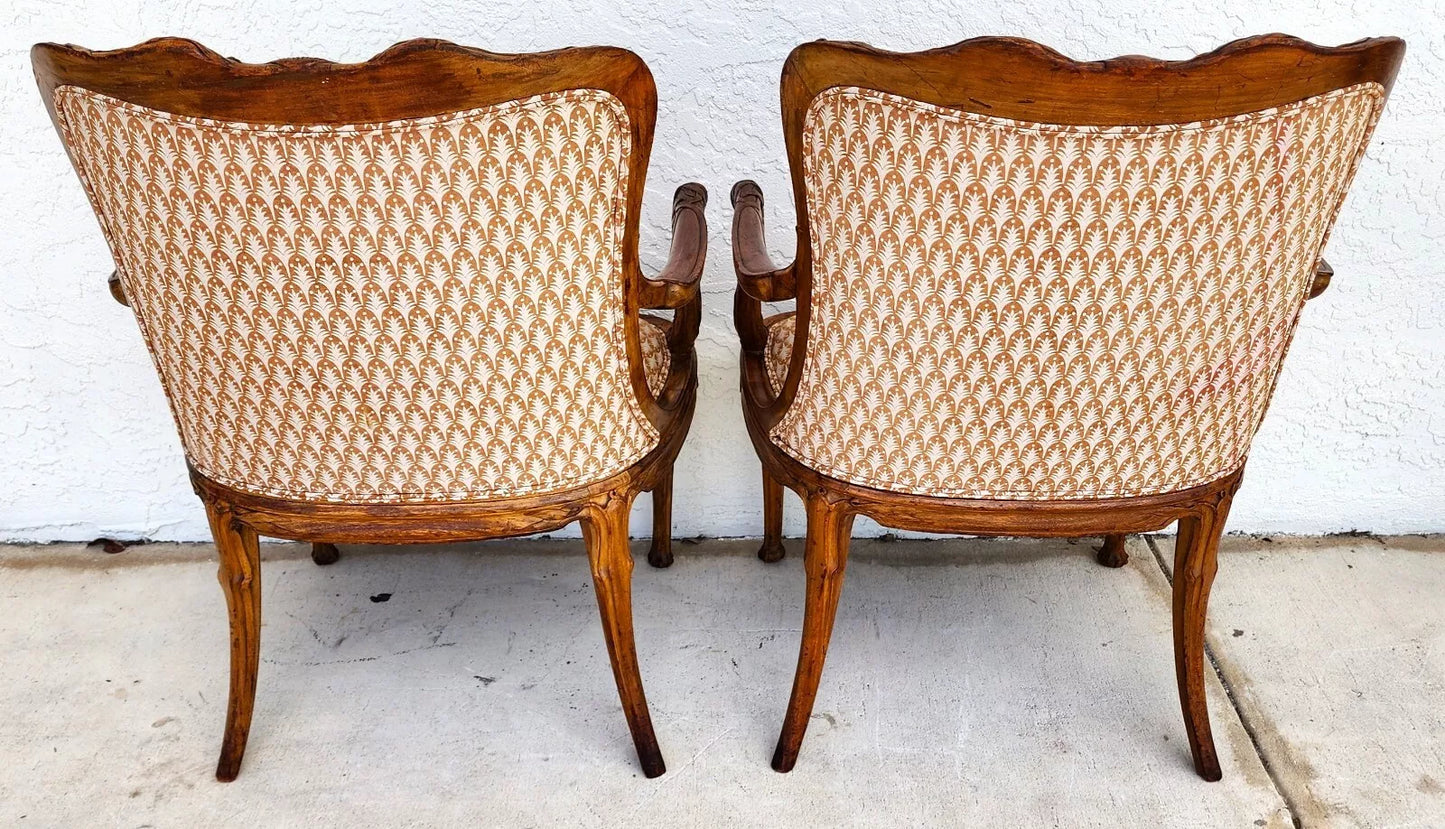 Antique Hand Carved Armchairs Solid Wood Cattails Shells Pair