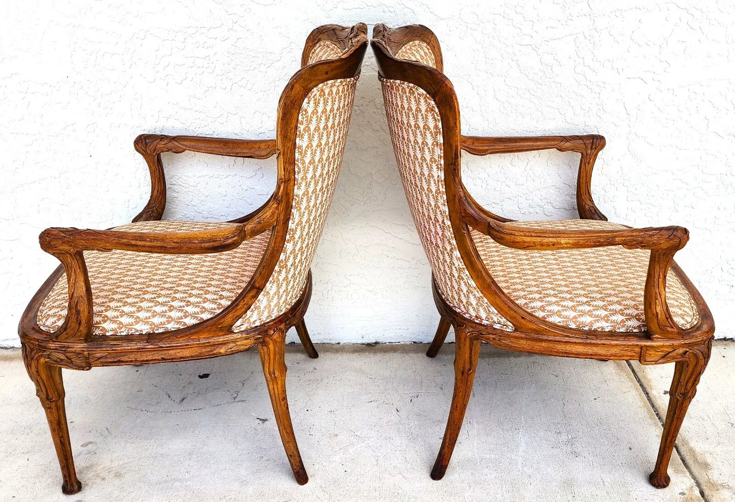 Antique Hand Carved Armchairs Solid Wood Cattails Shells Pair