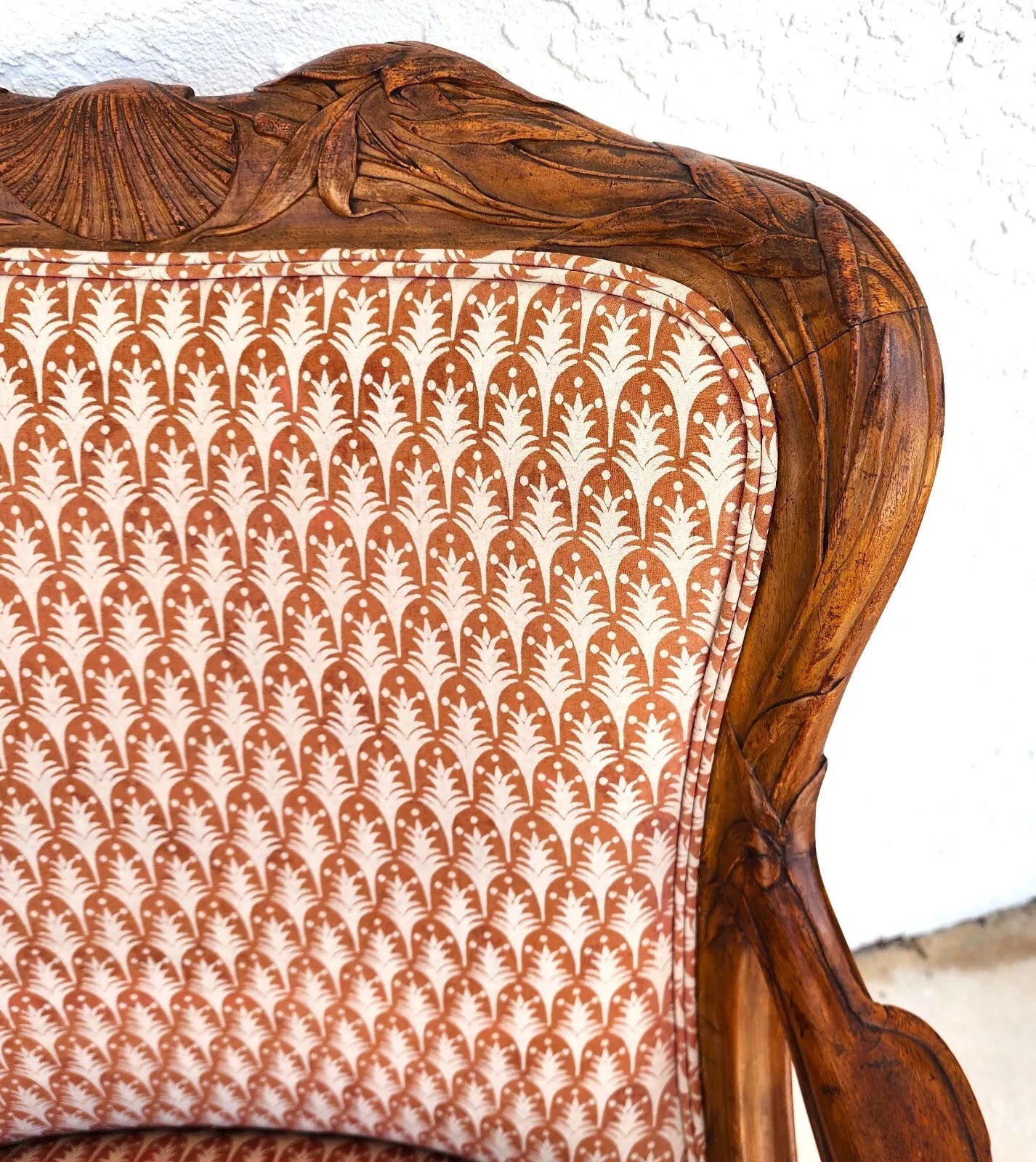 Antique Hand Carved Armchairs Solid Wood Cattails Shells Pair