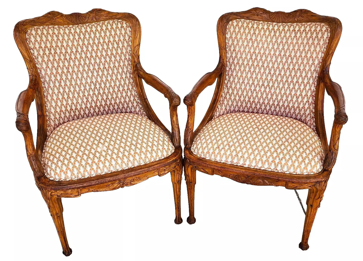 Antique Hand Carved Armchairs Solid Wood Cattails Shells Pair