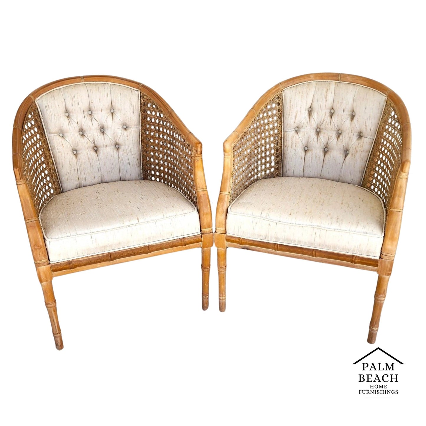 Vintage French Faux Bamboo Cane Linen Chairs Pair