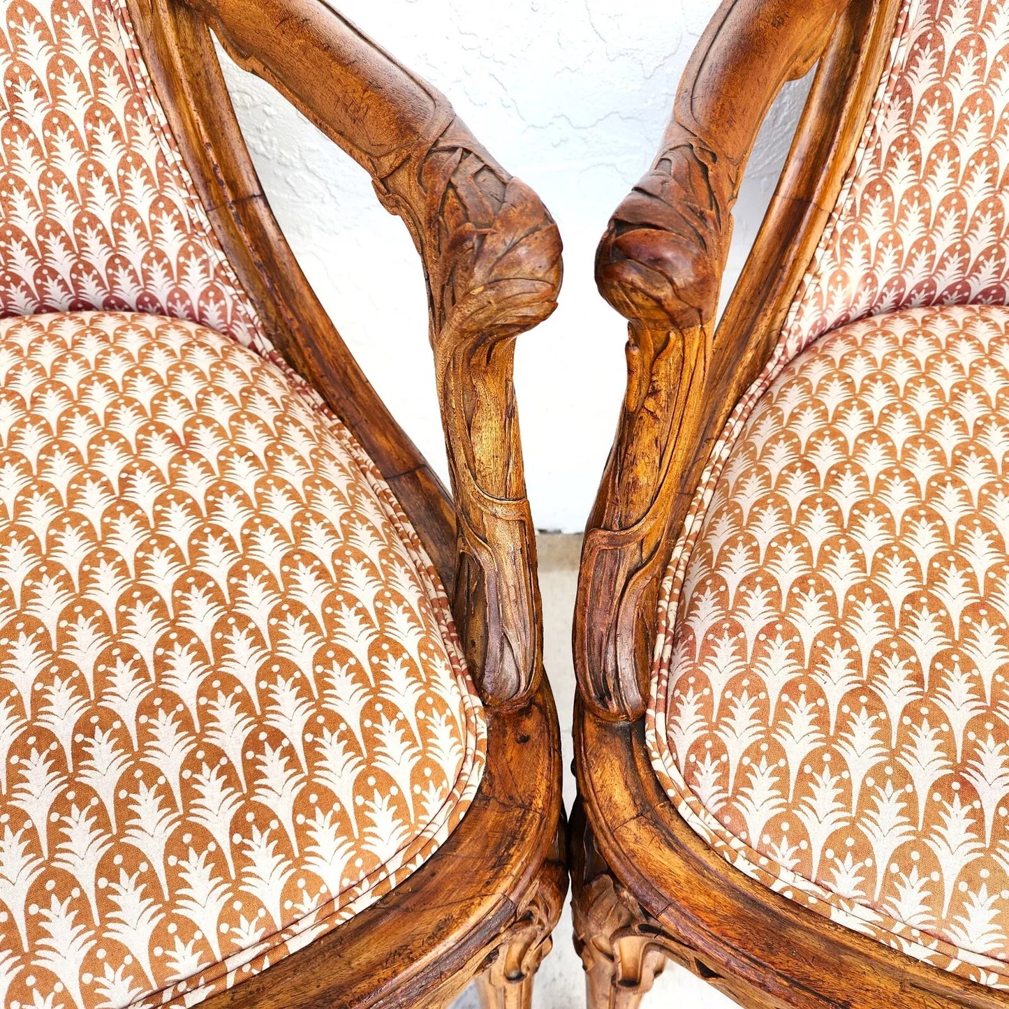 Antique Hand Carved Armchairs Solid Wood Cattails Shells Pair