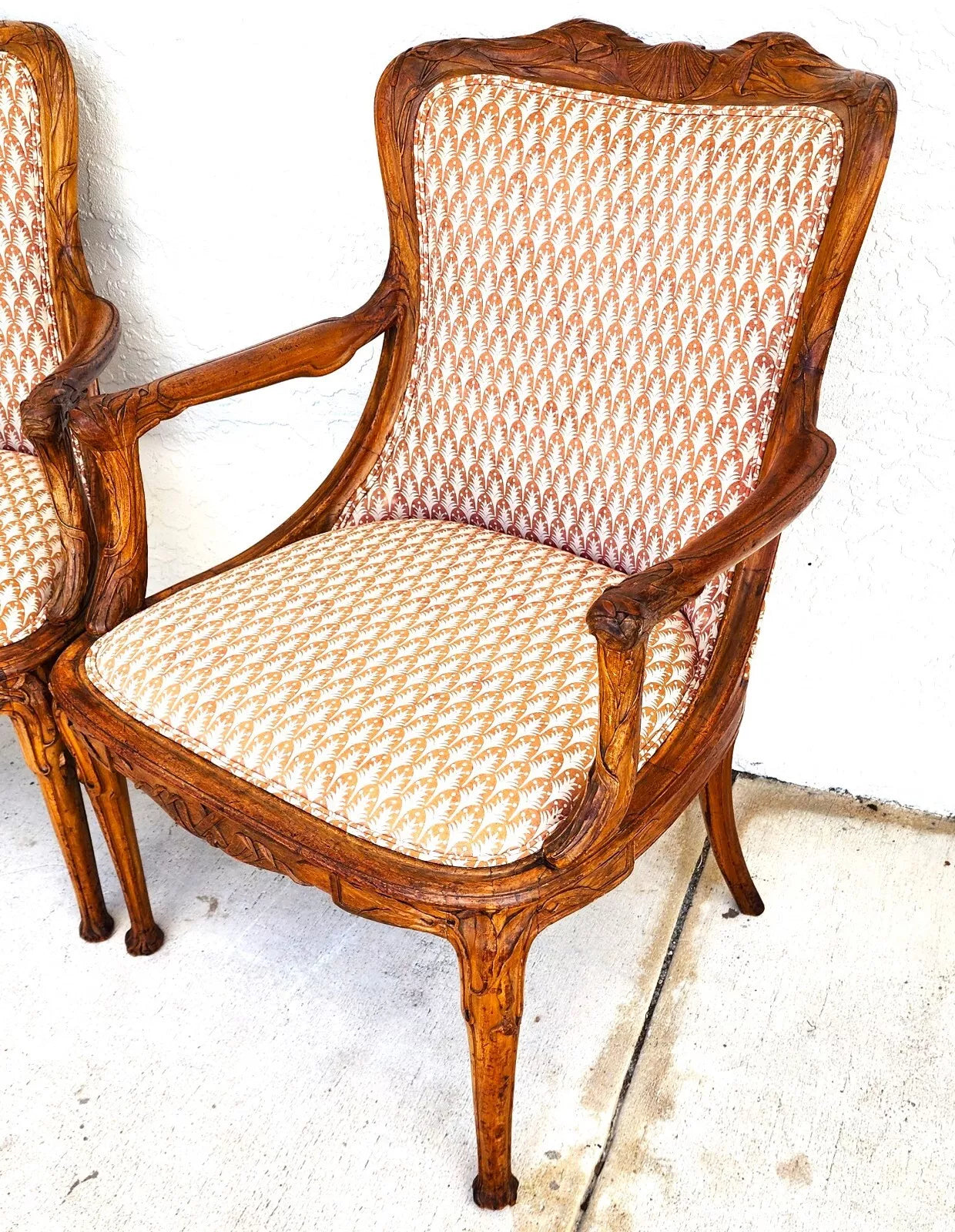 Antique Hand Carved Armchairs Solid Wood Cattails Shells Pair