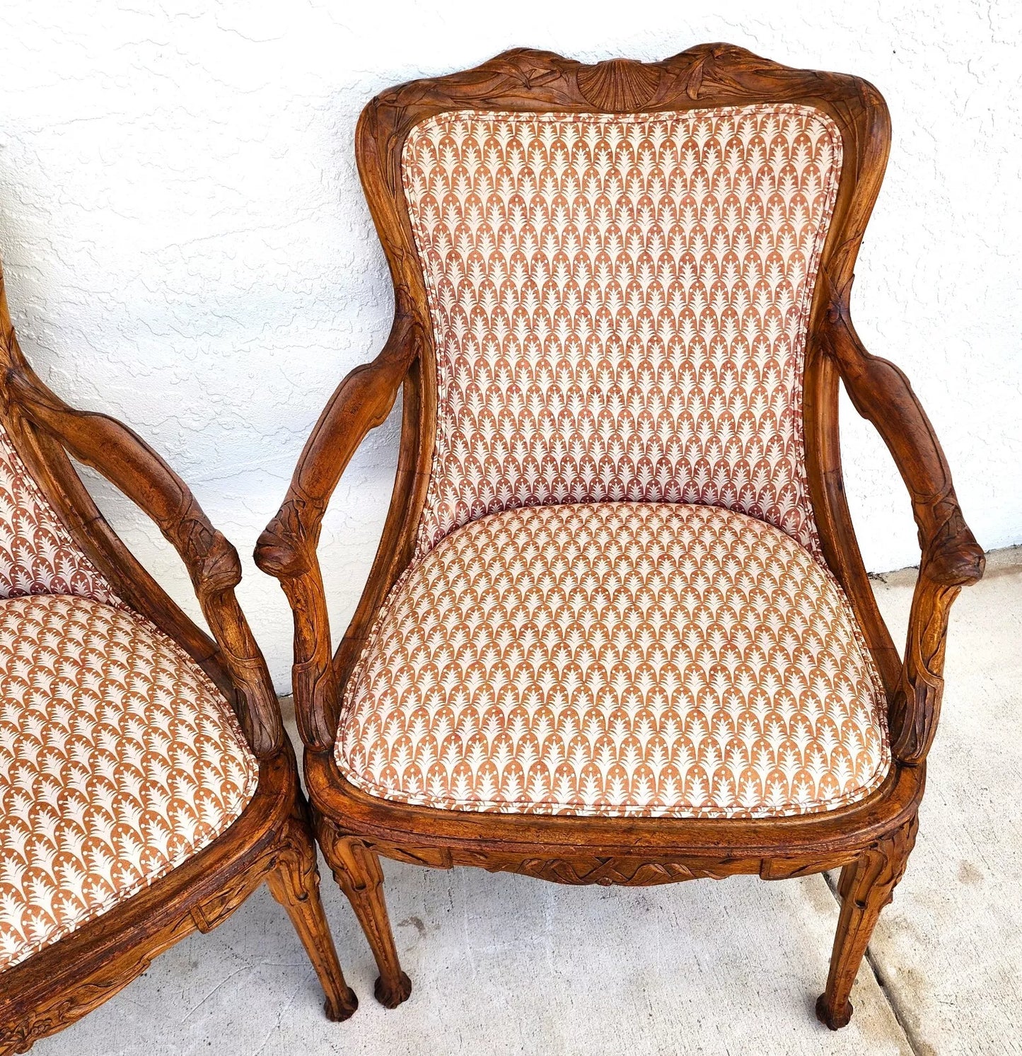 Antique Hand Carved Armchairs Solid Wood Cattails Shells Pair