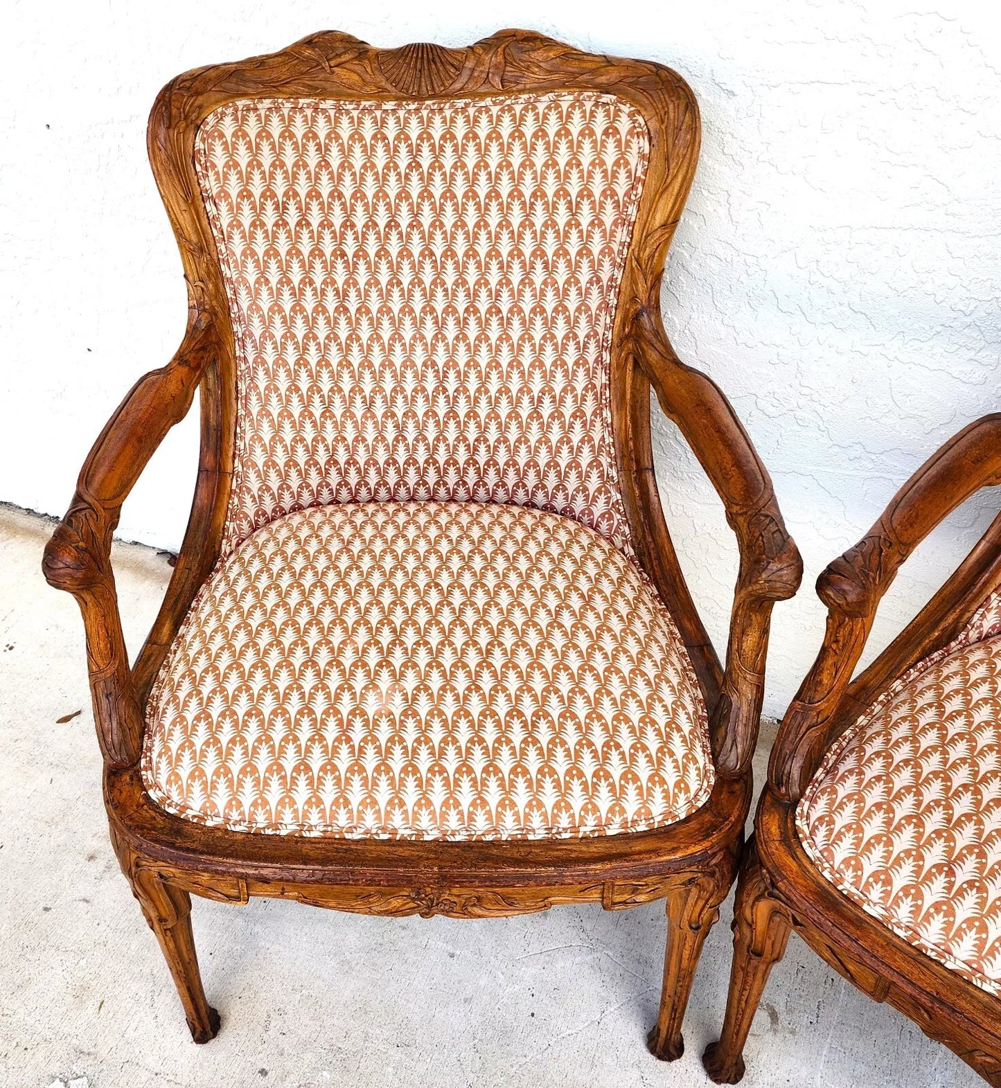 Antique Hand Carved Armchairs Solid Wood Cattails Shells Pair