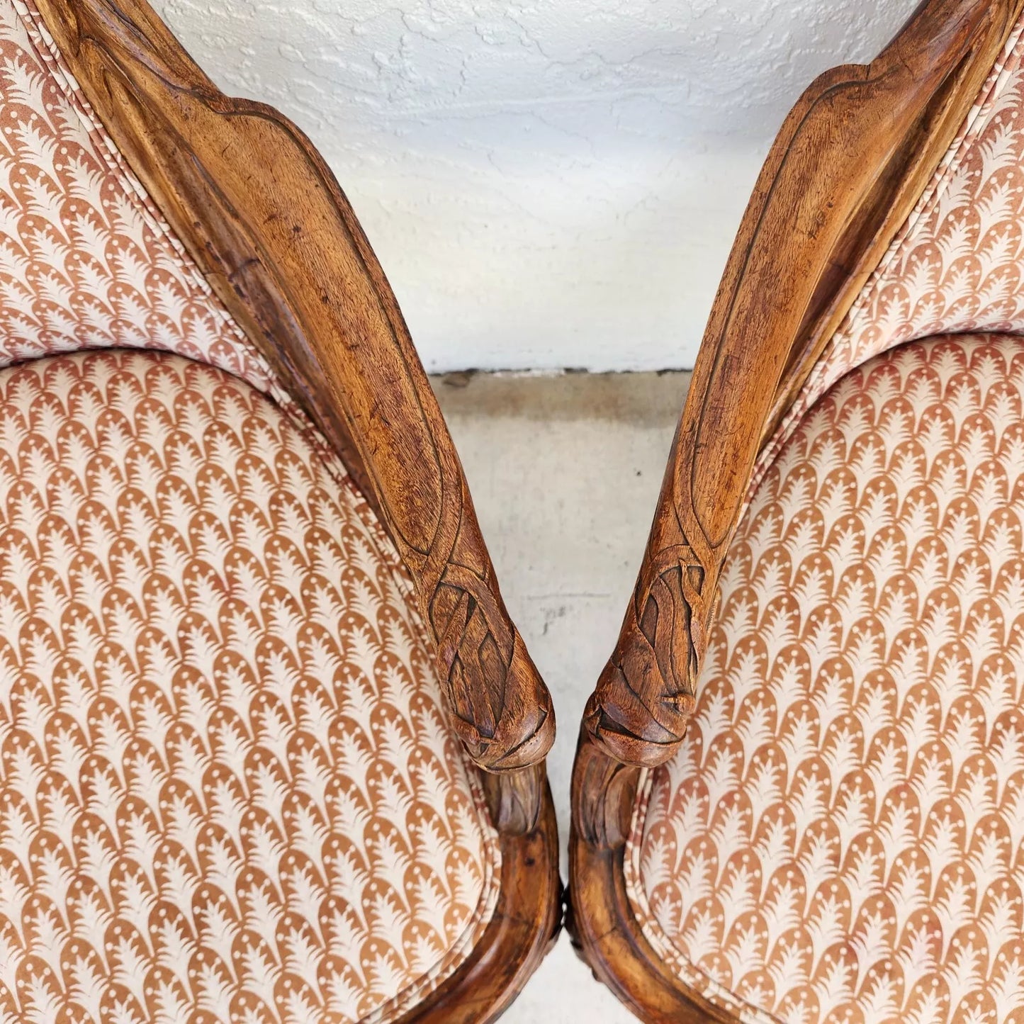 Antique Hand Carved Armchairs Solid Wood Cattails Shells Pair