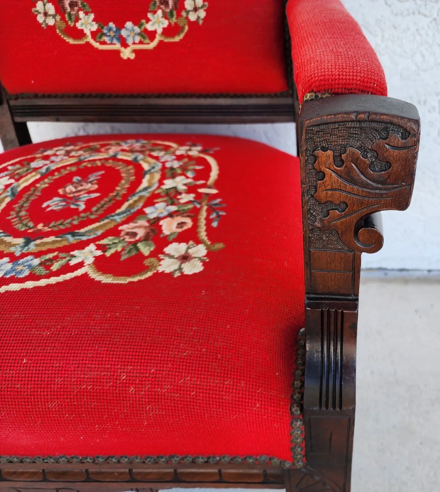 Antique Armchair Victorian Empire Needlepoint