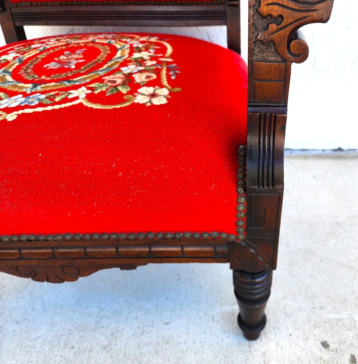 Antique Armchair Victorian Empire Needlepoint