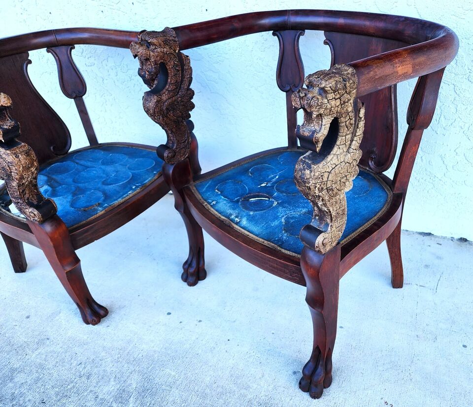 Antique Chinese Dragon Chairs Asian Pair