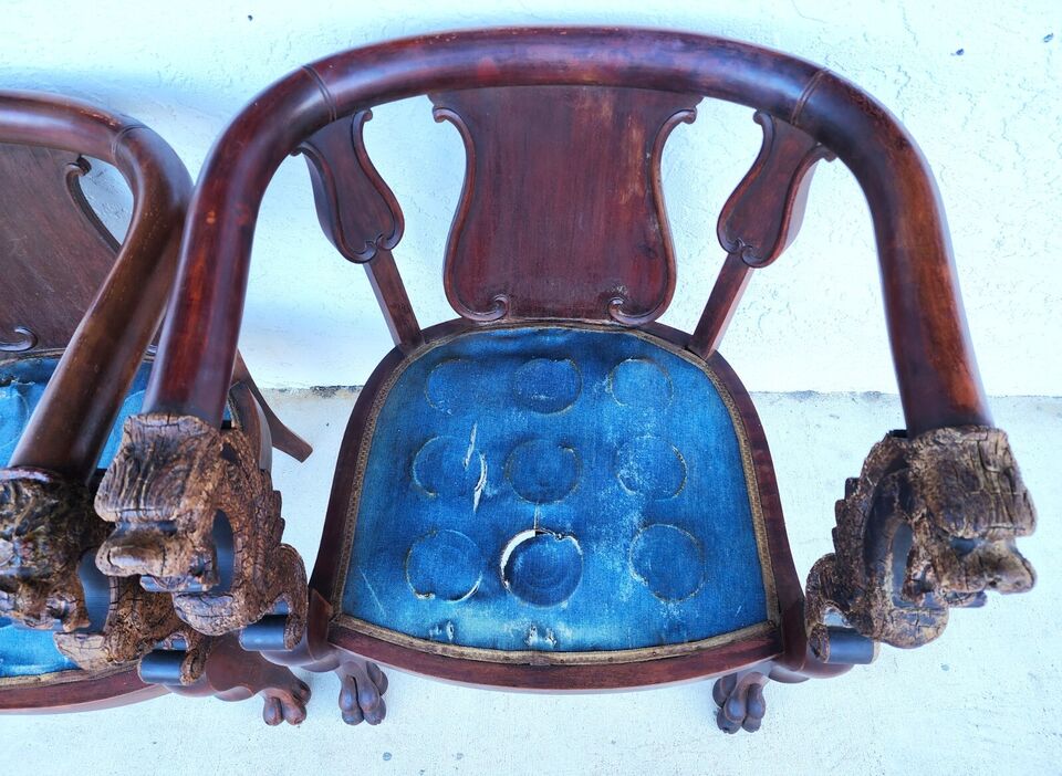 Antique Chinese Dragon Chairs Asian Pair