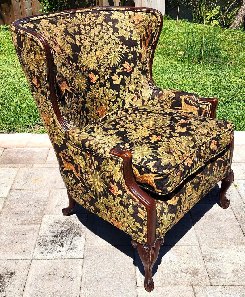 Antique Wingback Armchair Hunting Forest Scene
