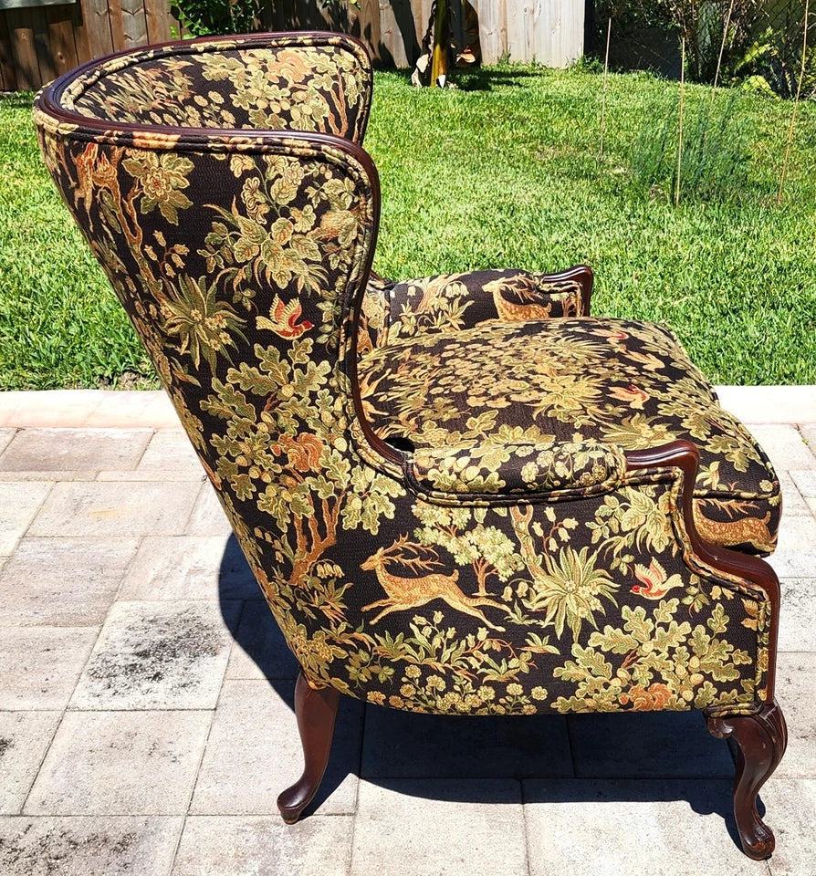 Antique Wingback Armchair Hunting Forest Scene