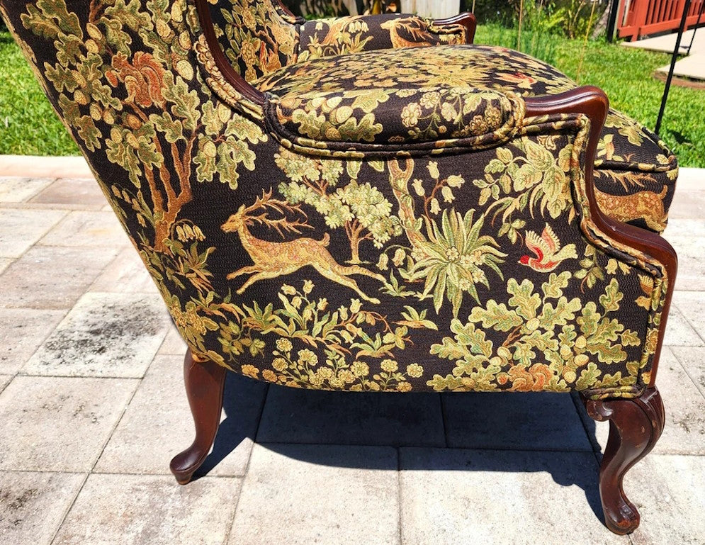 Antique Wingback Armchair Hunting Forest Scene