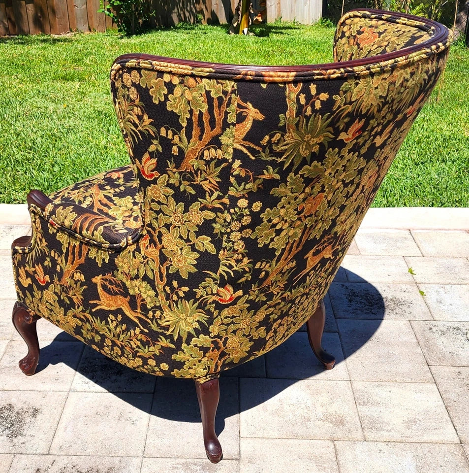 Antique Wingback Armchair Hunting Forest Scene