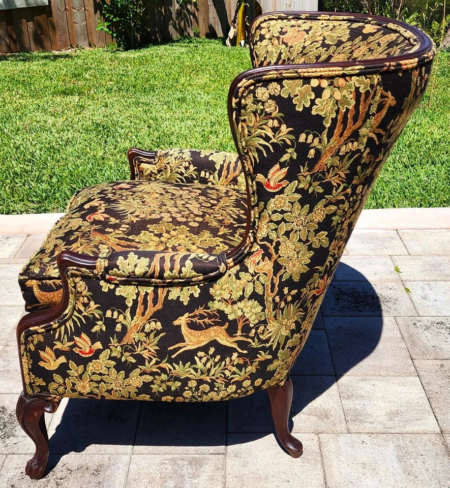 Antique Wingback Armchair Hunting Forest Scene