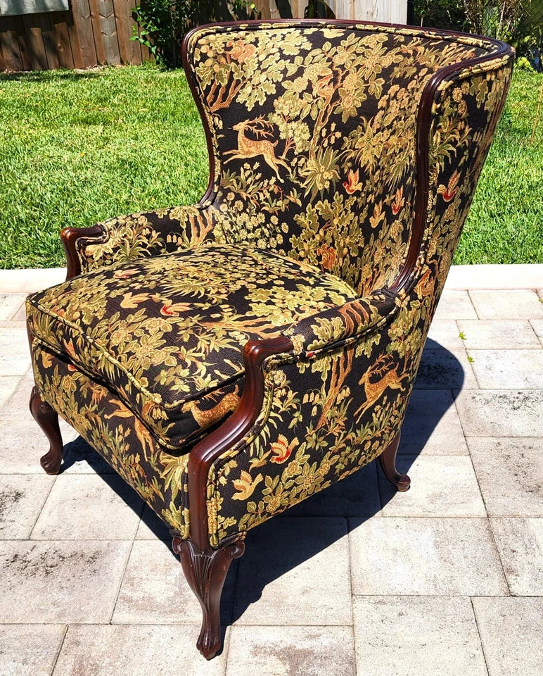 Antique Wingback Armchair Hunting Forest Scene