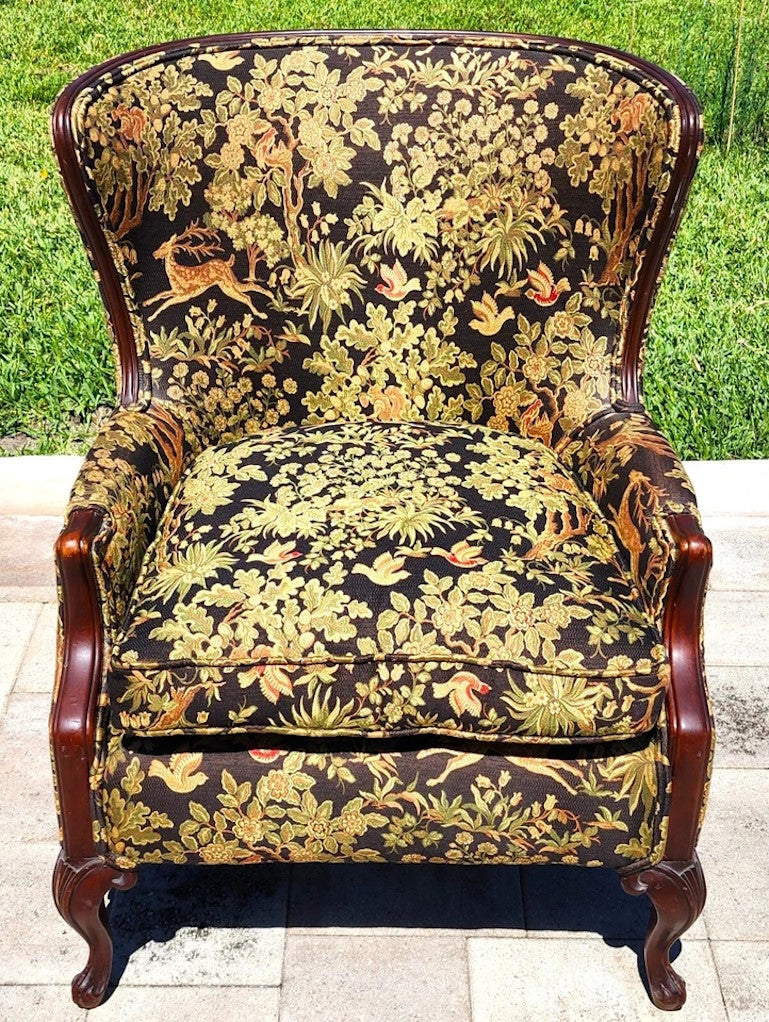 Antique Wingback Armchair Hunting Forest Scene