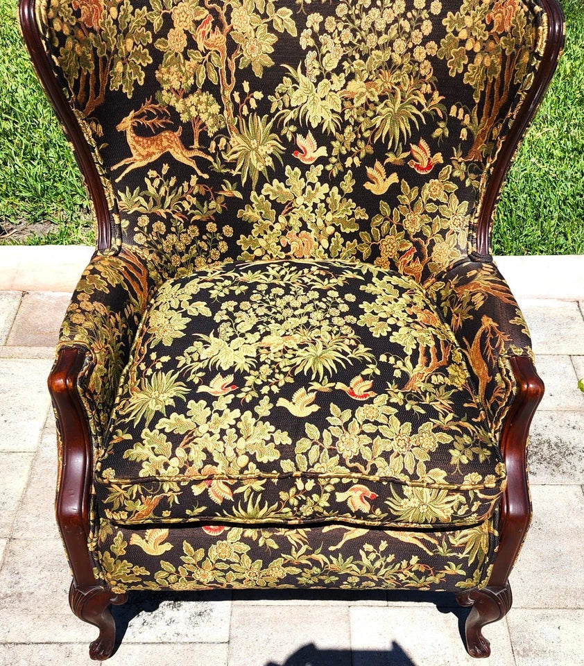 Antique Wingback Armchair Hunting Forest Scene