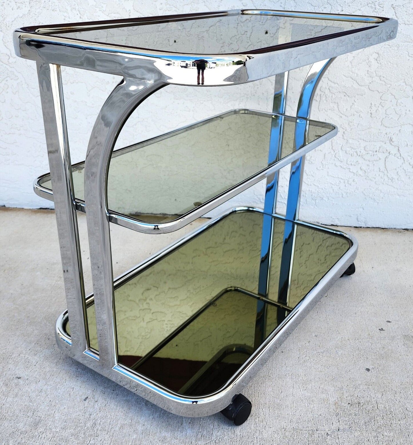 Vintage Chrome Bar Cart Smoked Glass & Mirror Rolling 1980s