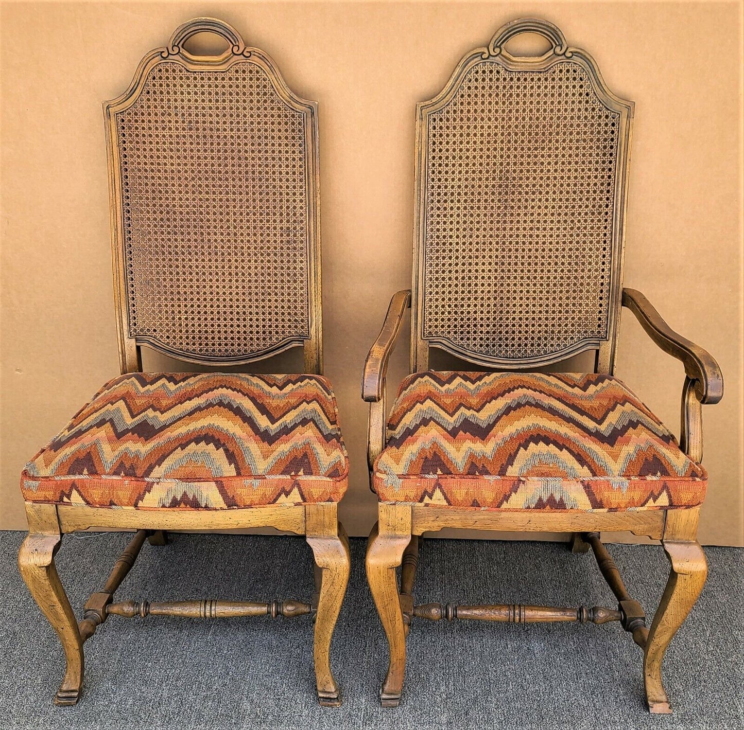Vintage French Country Caned Back Flamestitch Fabric Dining Chairs - Set of 6