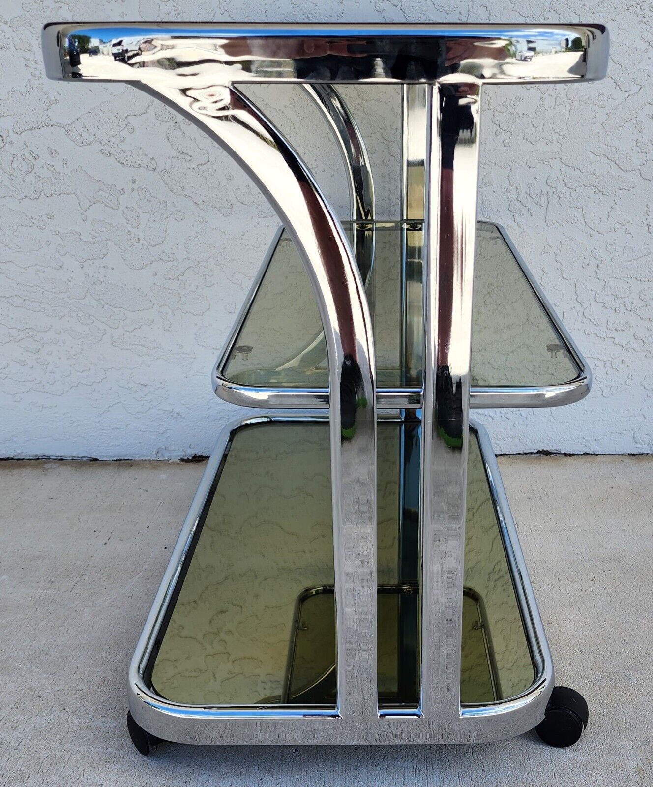 Vintage Chrome Bar Cart Smoked Glass & Mirror Rolling 1980s