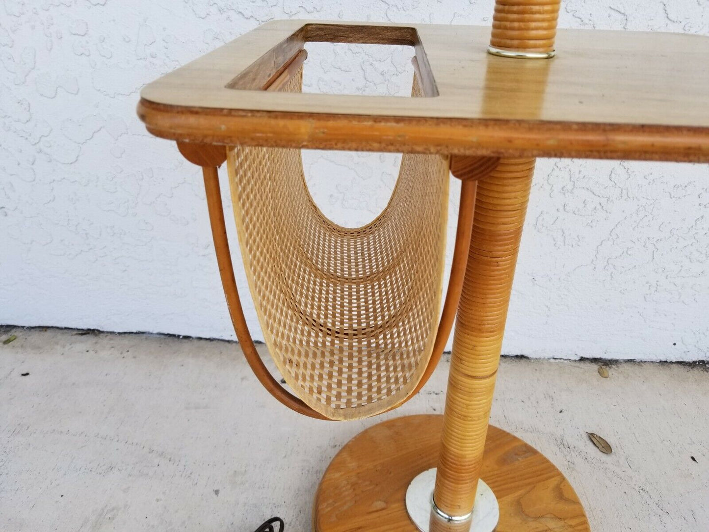 Vintage Bamboo Rattan Tiki Boho Chic Magazine Holder Floor Lamp End Side Table