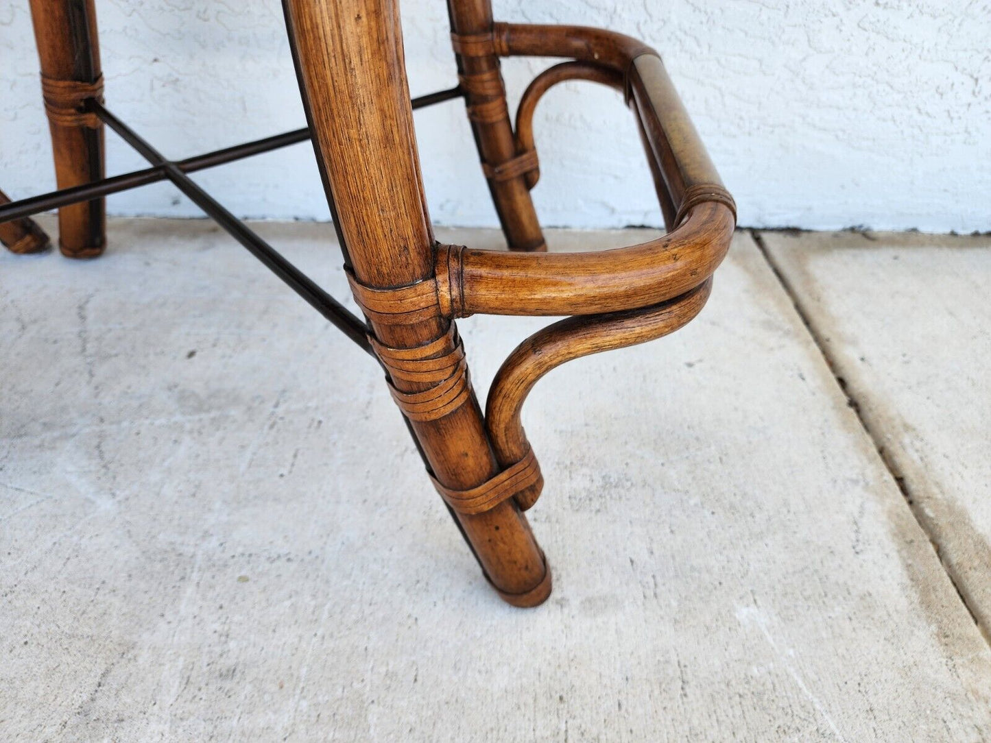 Vintage Bamboo Barstools Caned Backs Leather Rattan