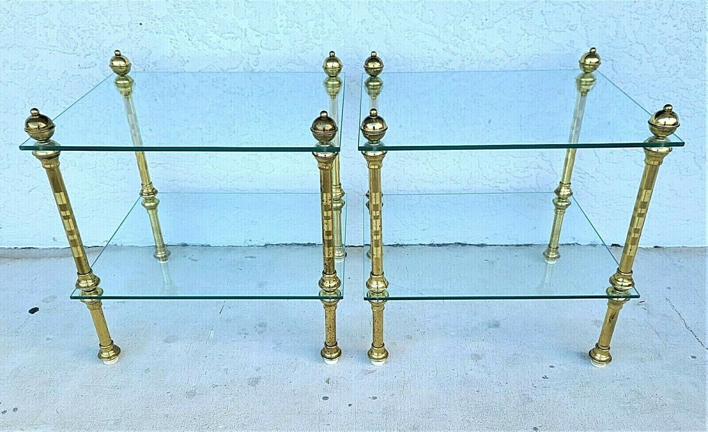 Vintage Pair of 2 Tier Brass & Glass Side End Tables Nightstands