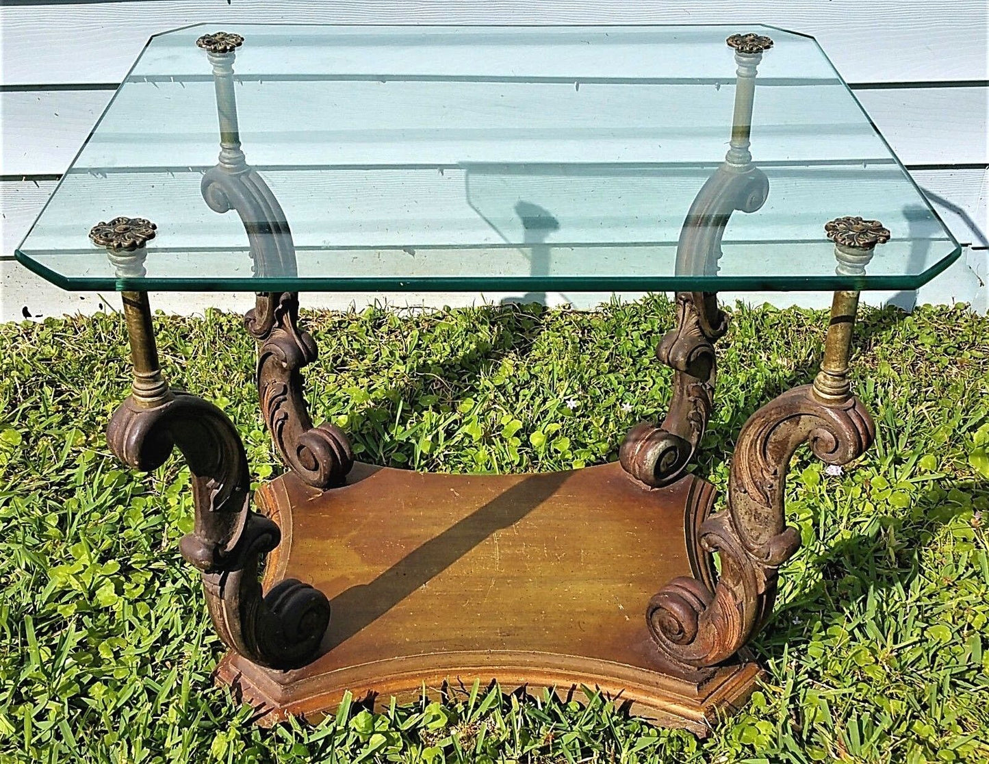 Vtg Weiman Heirloom Quality Side End Table Hand Carved Wood Glass Brass