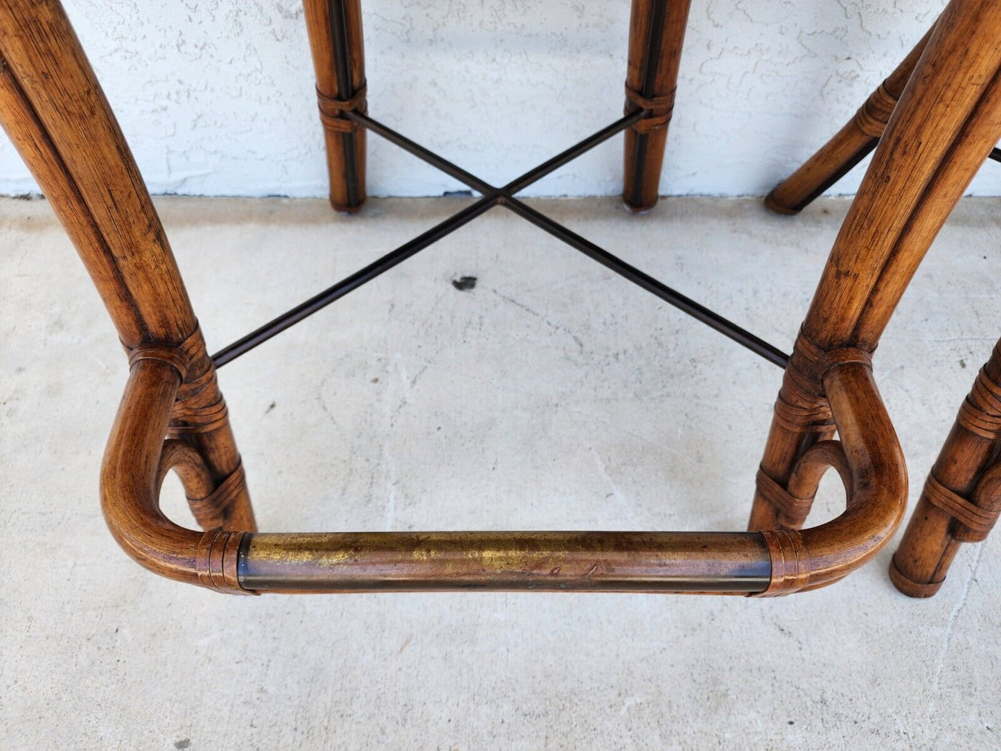 Vintage Bamboo Barstools Caned Backs Leather Rattan